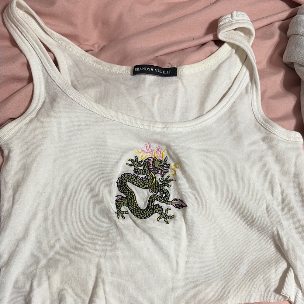 Brandy Melville White Tank Top with Dragon Embroidery